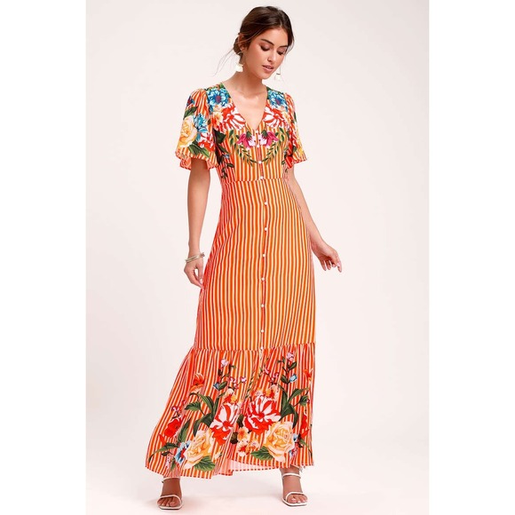 Lulus Dresses & Skirts - Lulu's Roam the Riviera Orange Multi Striped Button-Up Maxi Dress Size Small EUC